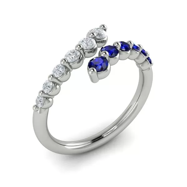 14K WHITE GOLD GRADUATED BYPASS RING WITH SAPPHIRES AND DIAMONDS