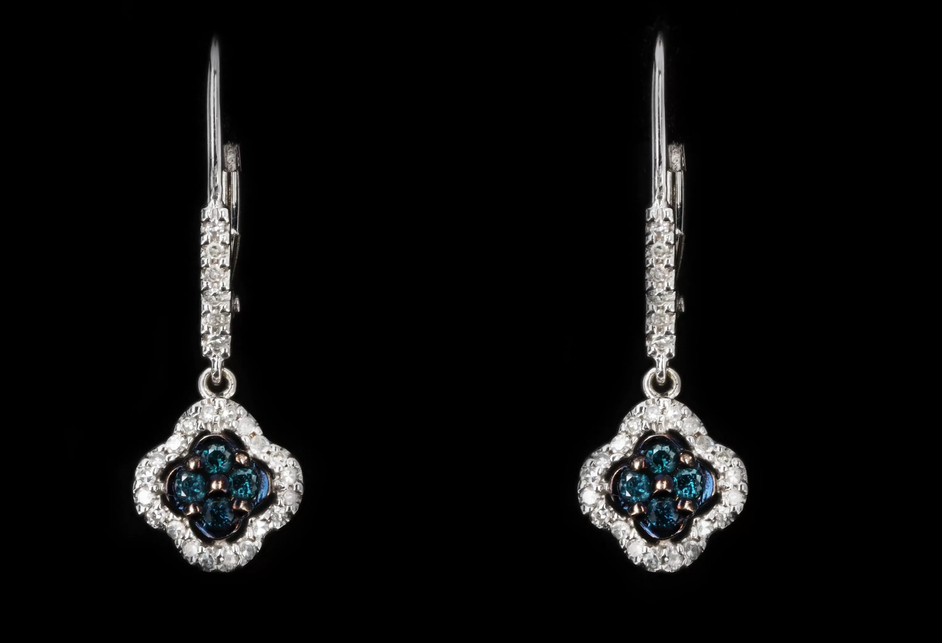 14K White Gold Irradiated Blue Diamond Clover Cluster Drop Earrings