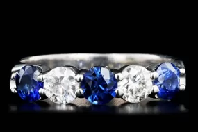 14K White Gold Round Natural Sapphire & Diamond Five Stone Band