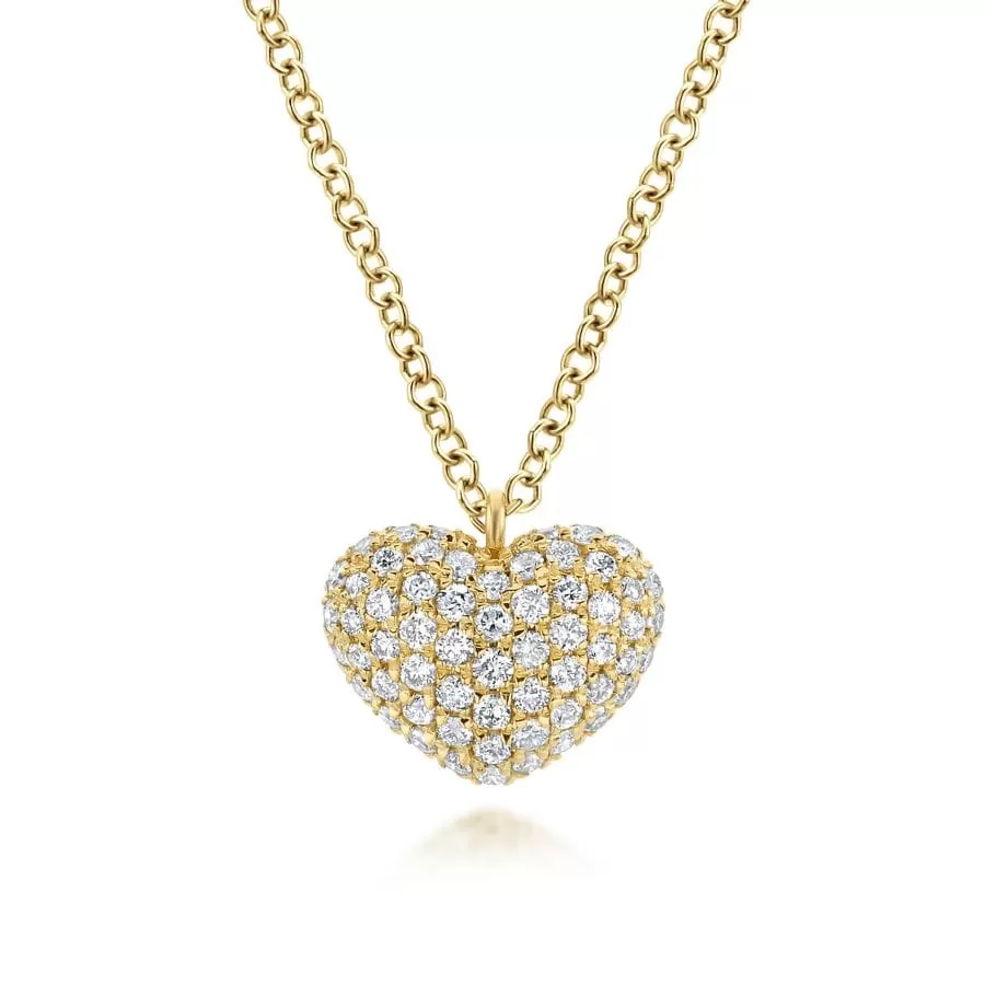 14K Yellow Gold Pave Diamond Encrusted Heart Necklace