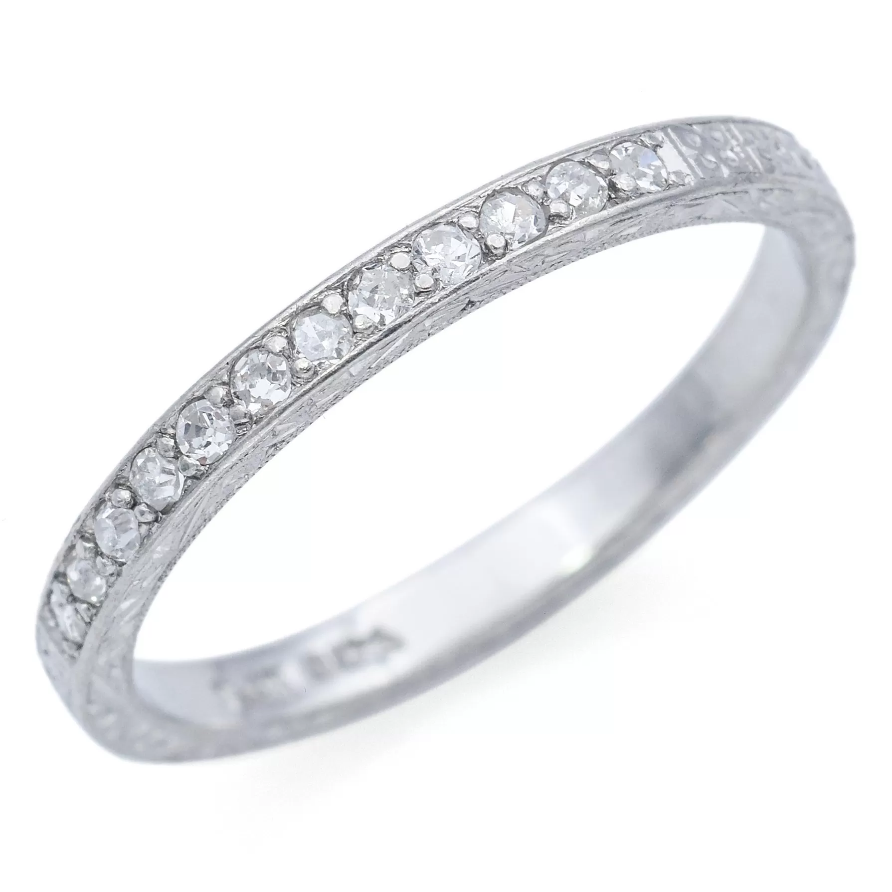 Antique Platinum Diamond Semi-Eternity Etched Band Ring Size 7.25