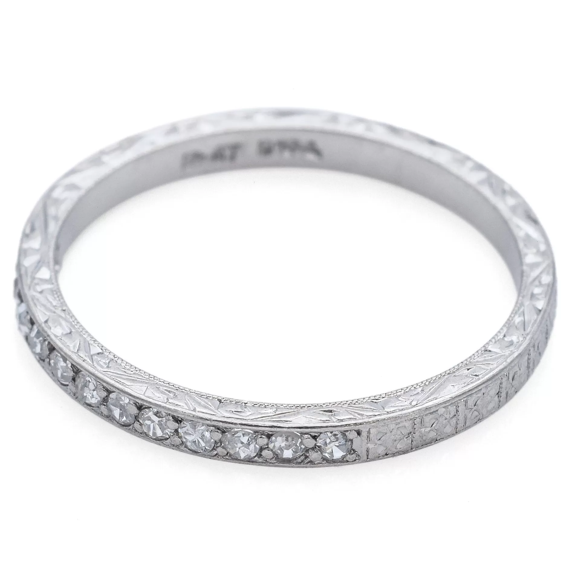 Antique Platinum Diamond Semi-Eternity Etched Band Ring Size 7.25