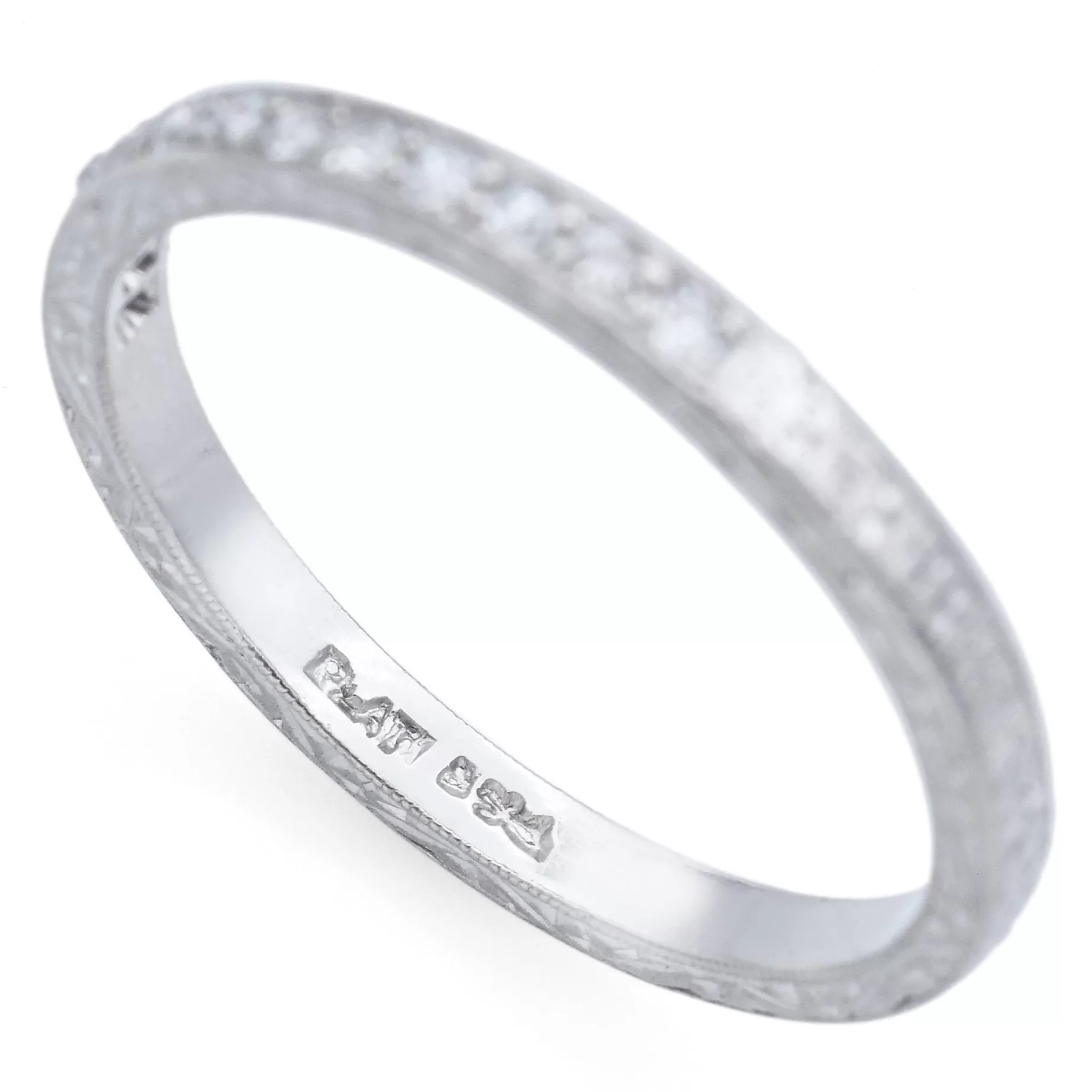 Antique Platinum Diamond Semi-Eternity Etched Band Ring Size 7.25