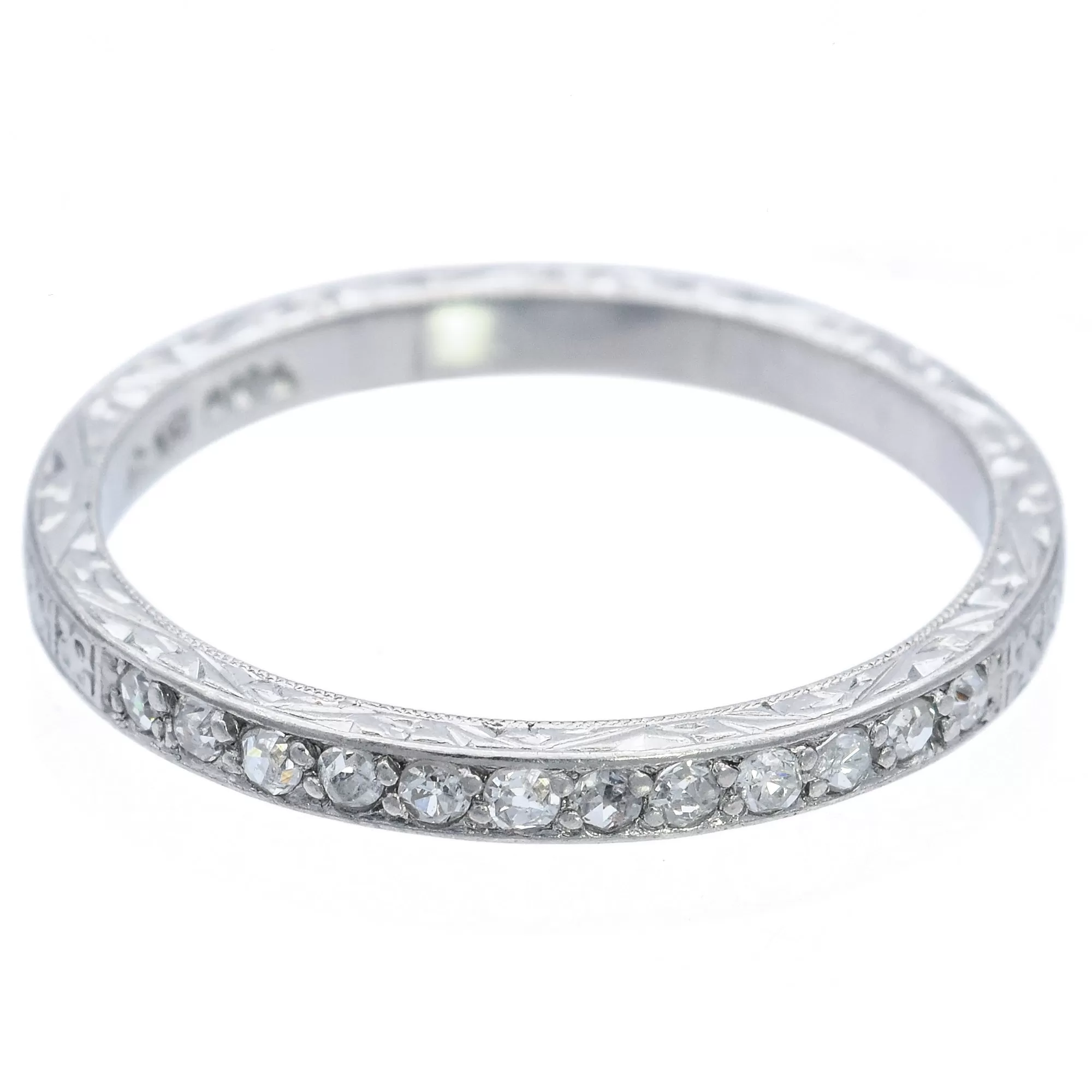 Antique Platinum Diamond Semi-Eternity Etched Band Ring Size 7.25