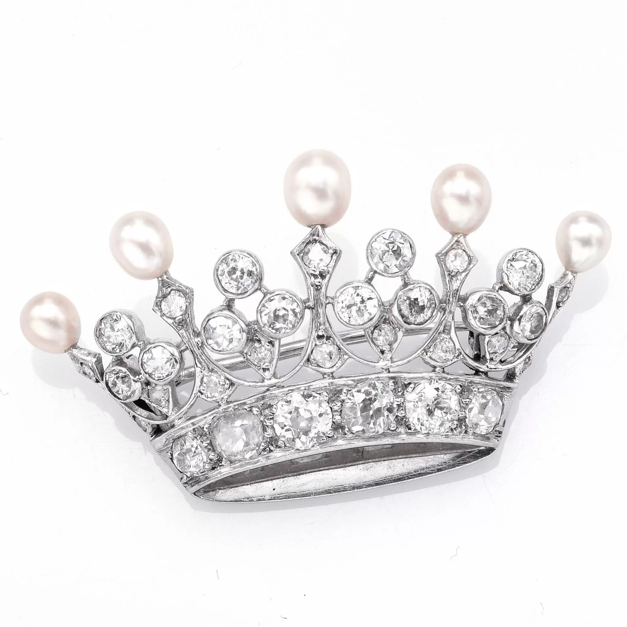 Antique Platinum Old Euro Diamond & Sea Pearl Crown Brooch Pin