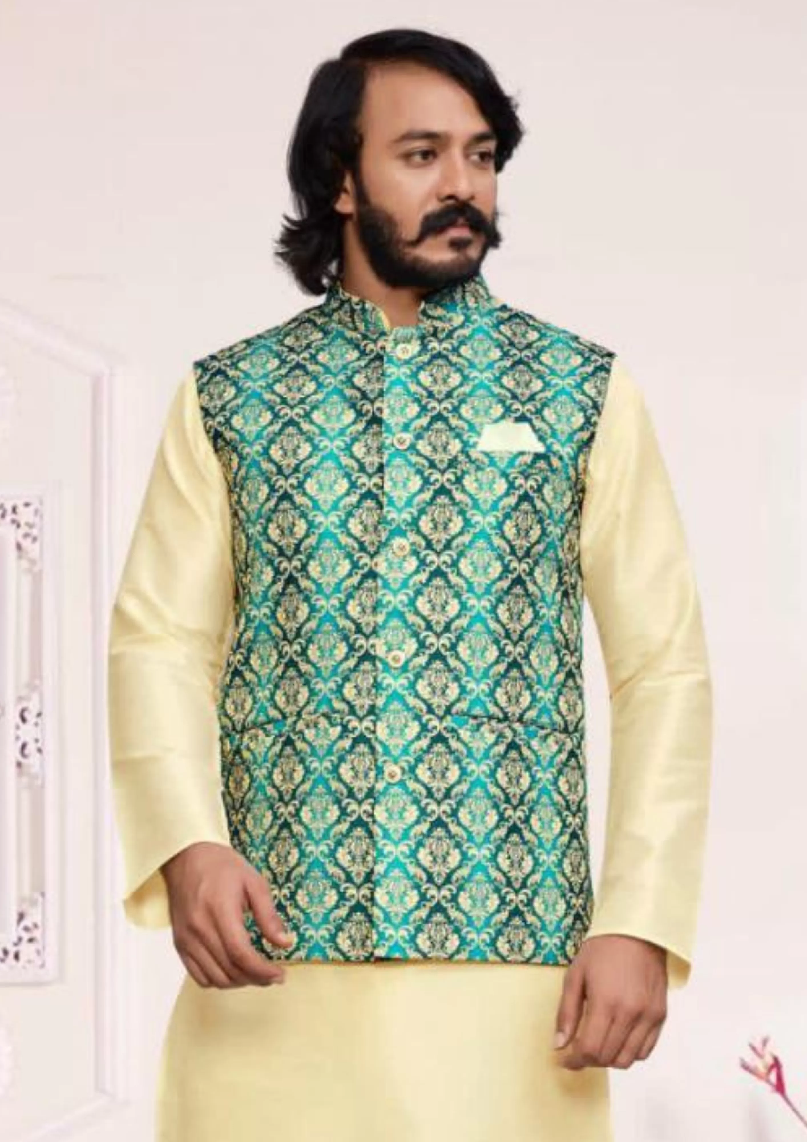 Attractive Green Color Digital Print Work With Kurta And Pajama Jacket