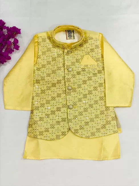 Beautiful Lemon Yellow Full Sleeves Solid Kurta & Salwar With Floral Embroidered Jacket