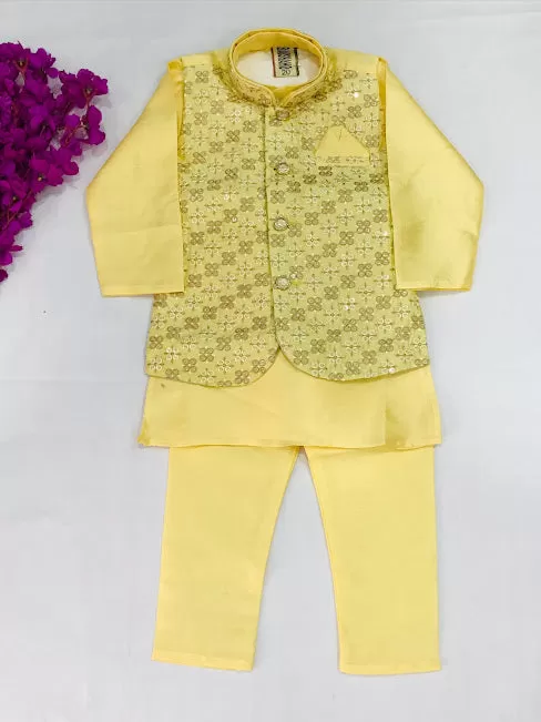 Beautiful Lemon Yellow Full Sleeves Solid Kurta & Salwar With Floral Embroidered Jacket