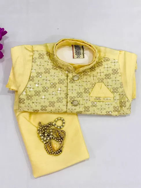 Beautiful Lemon Yellow Full Sleeves Solid Kurta & Salwar With Floral Embroidered Jacket