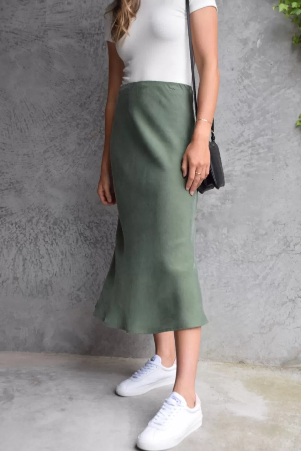 Beyond Khaki Cupro Bias Cut Midi Skirt