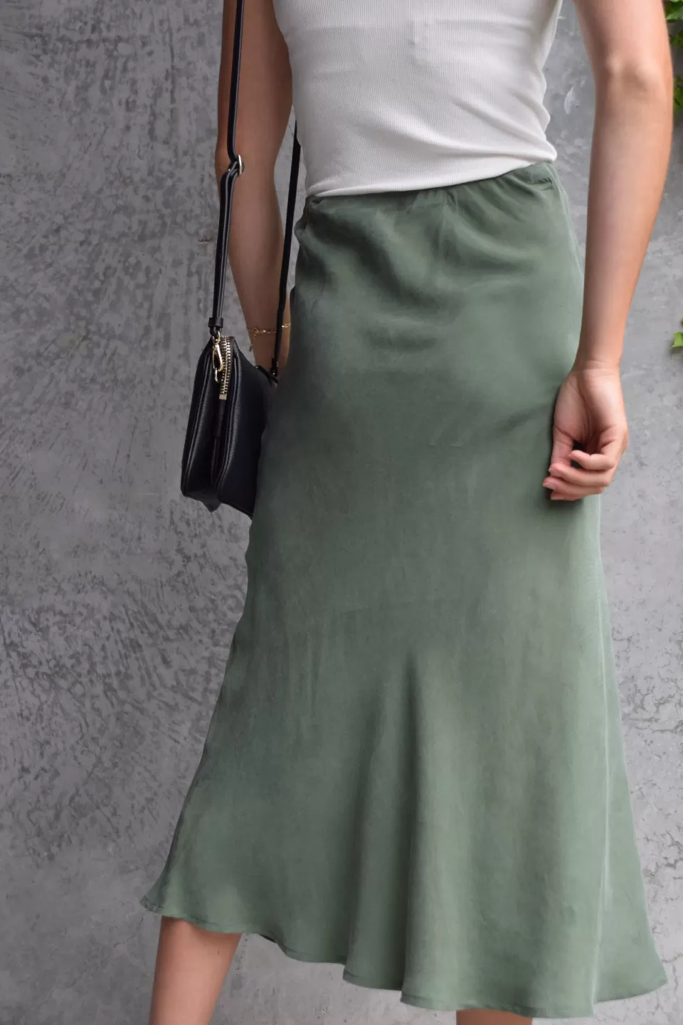 Beyond Khaki Cupro Bias Cut Midi Skirt