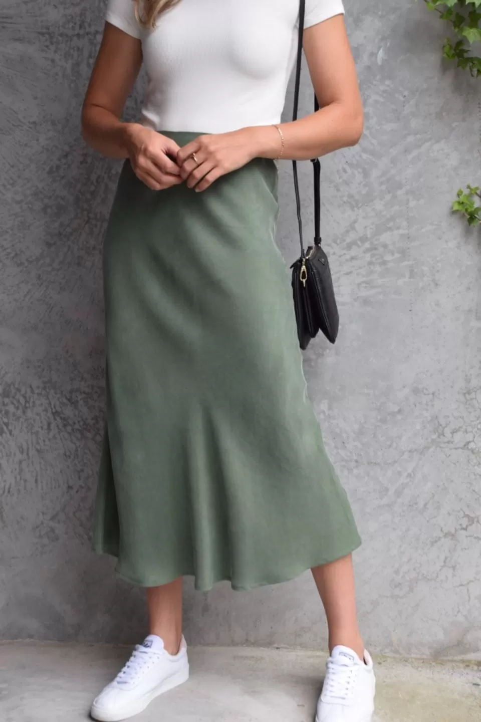 Beyond Khaki Cupro Bias Cut Midi Skirt