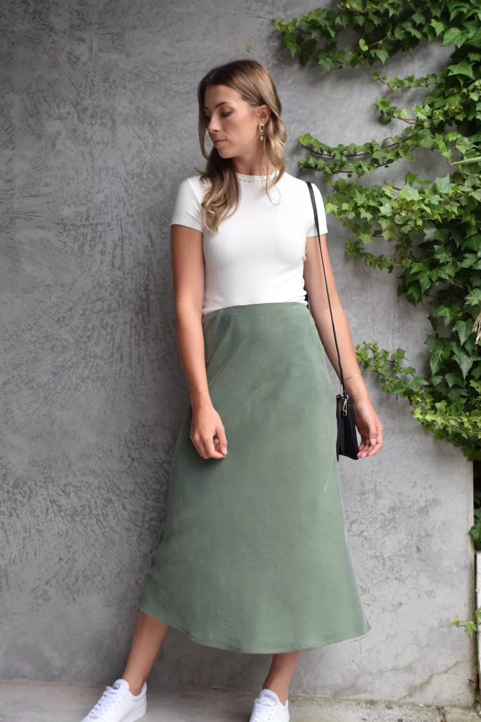 Beyond Khaki Cupro Bias Cut Midi Skirt