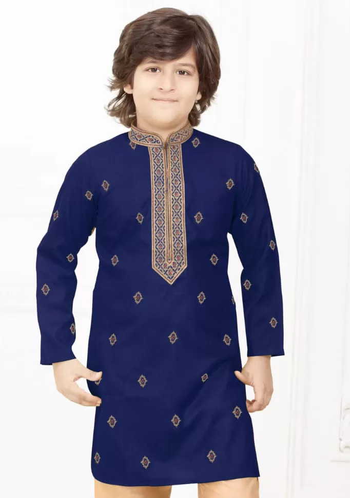 Charming  Navy Blue Color Poly Cotton Embroidery Kurta Set With Pajama Pant For Kids