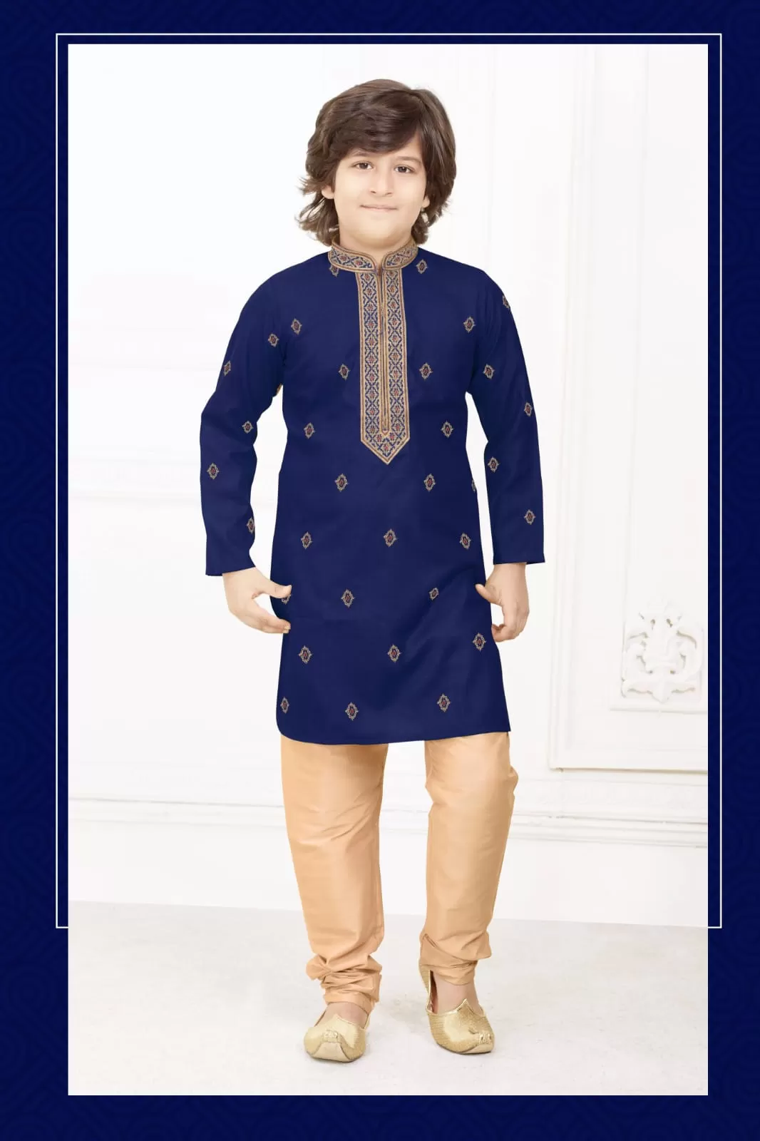 Charming  Navy Blue Color Poly Cotton Embroidery Kurta Set With Pajama Pant For Kids