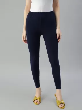 Charming Navy Blue Colored Stretchable Cotton Fabric Leggings For Women