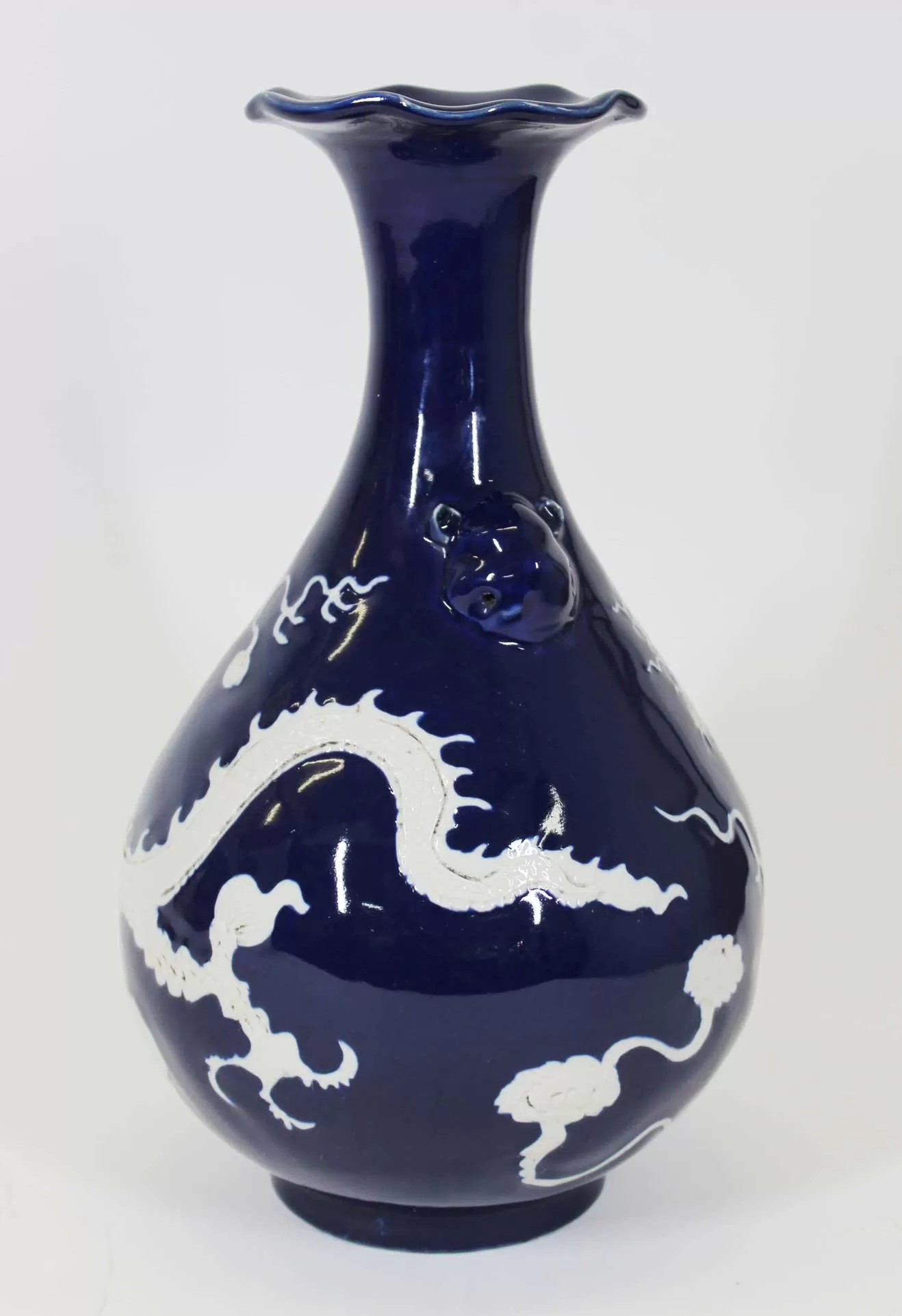 Chinese Qing Cobalt Blue and White Porcelain Vase with Dragon Motif