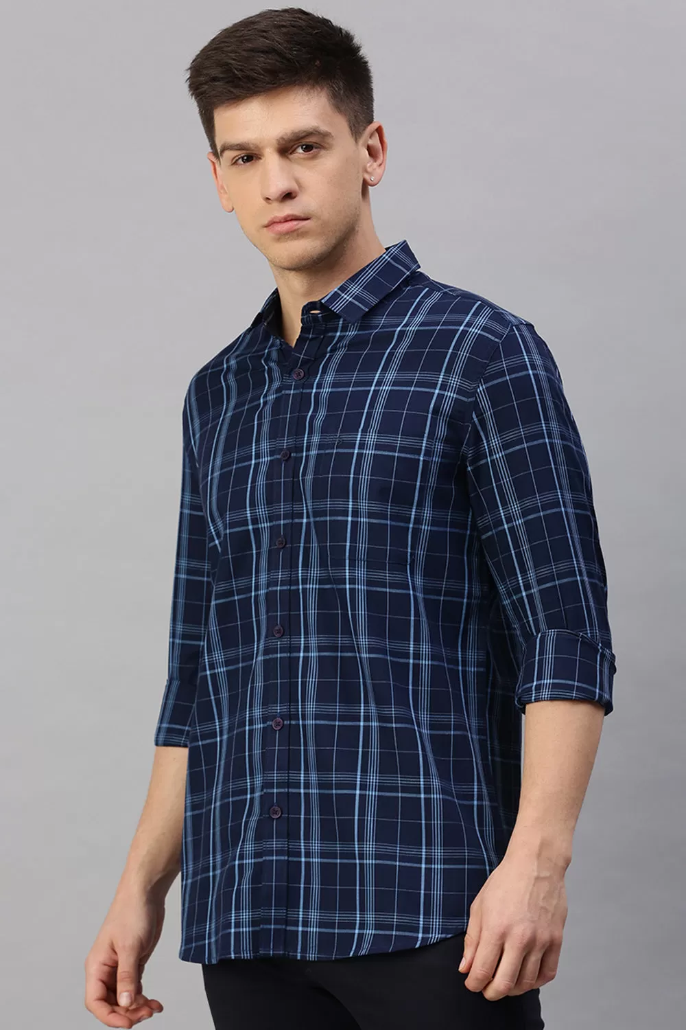 Classic Polo Men's Cotton Full Sleeve Checked Slim Fit Polo Neck Navy Color Woven Shirt | So1-102 A