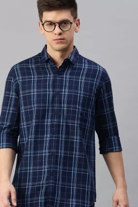 Classic Polo Men's Cotton Full Sleeve Checked Slim Fit Polo Neck Navy Color Woven Shirt | So1-102 A