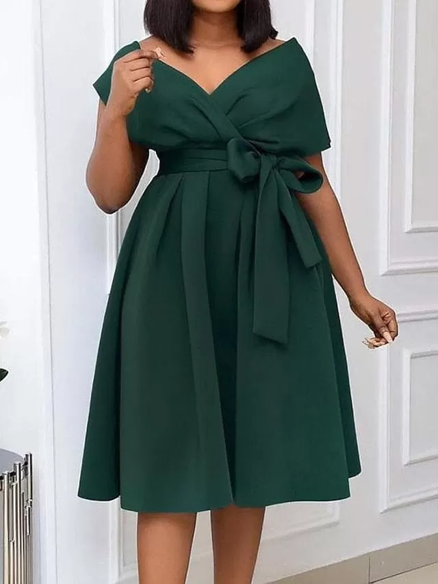 Classic V-Neck Knee Length Midi Dress for Women Plus Size