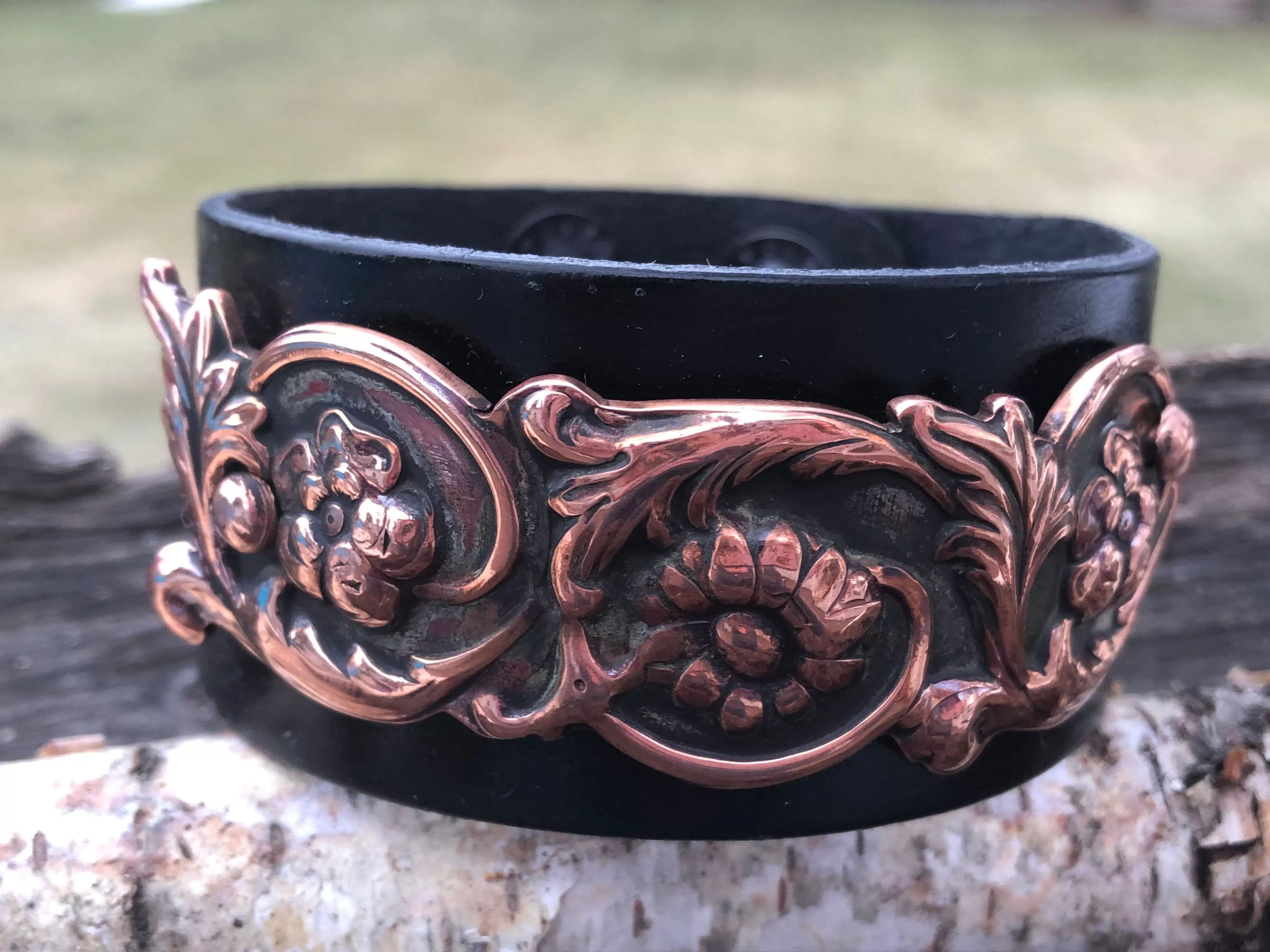 Copper Sunflower and Leather Cuff Bracelet