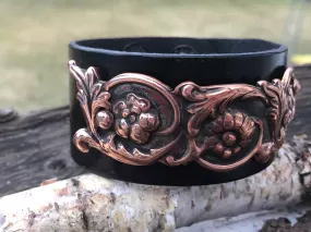 Copper Sunflower and Leather Cuff Bracelet