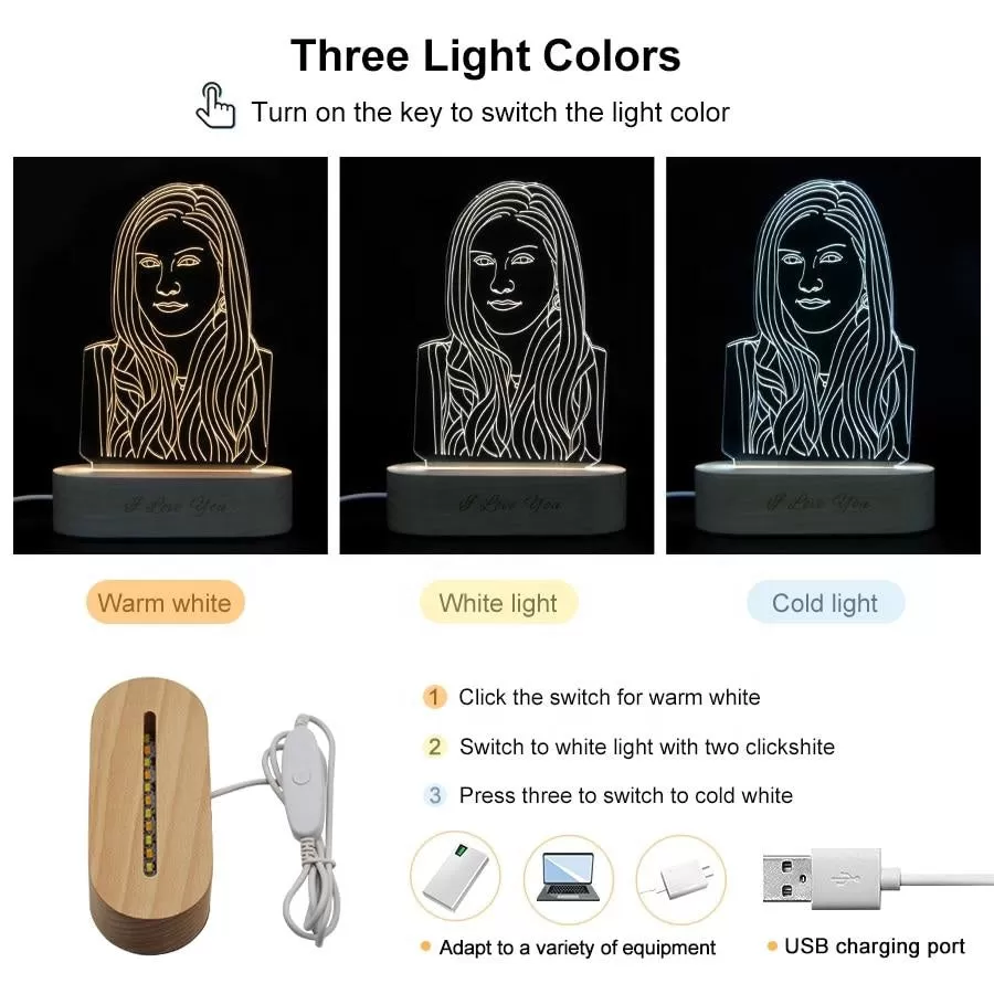 Custom Any Shape 3D Acrylic Lamp Picture Night Light With Engraved Wooden Base