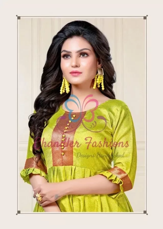 Delightful Lime Green Color Aura Silk Kurti With Red Border