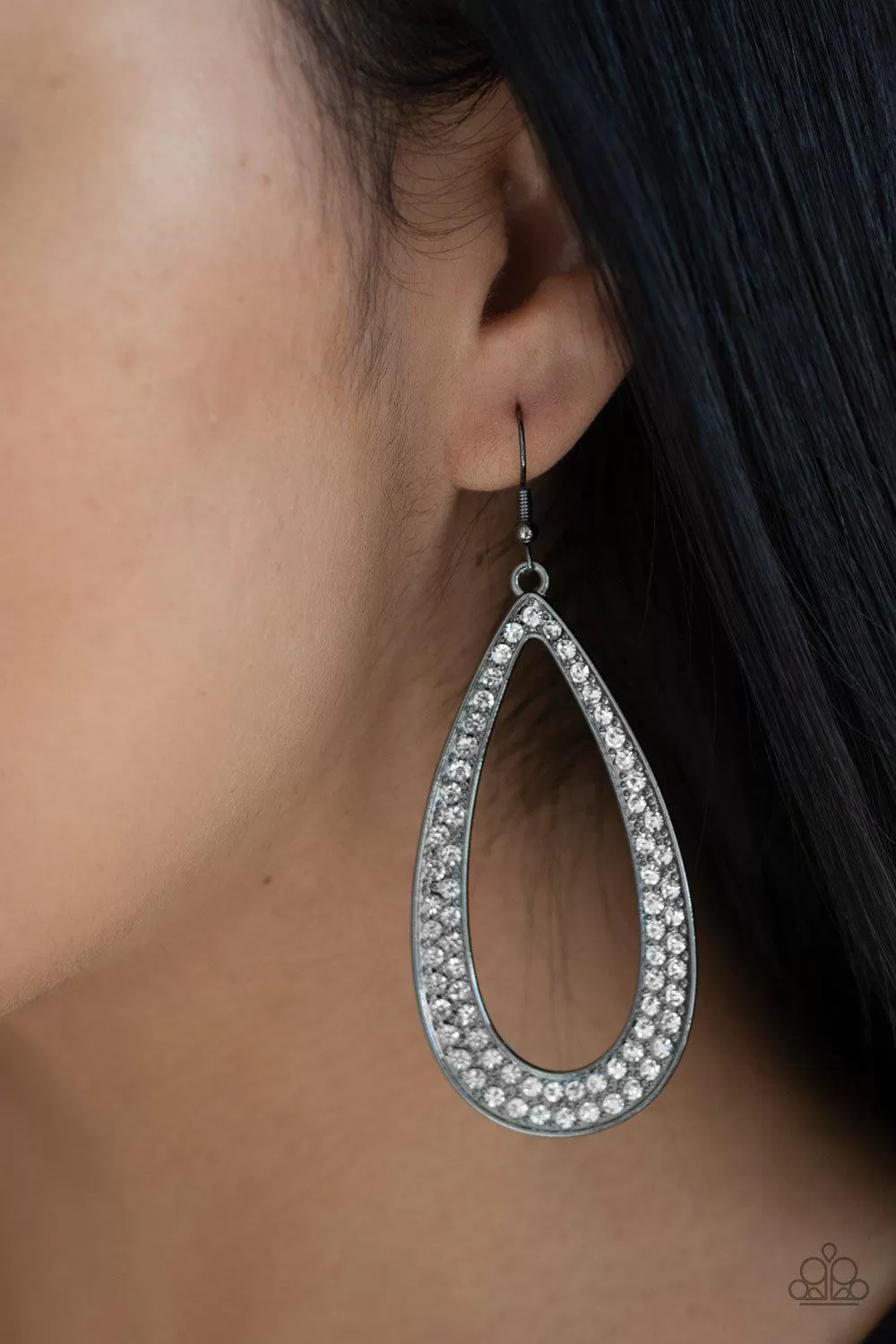 Diamond Distraction Gunmetal Black and White Rhinestone Earrings - Paparazzi Accessories