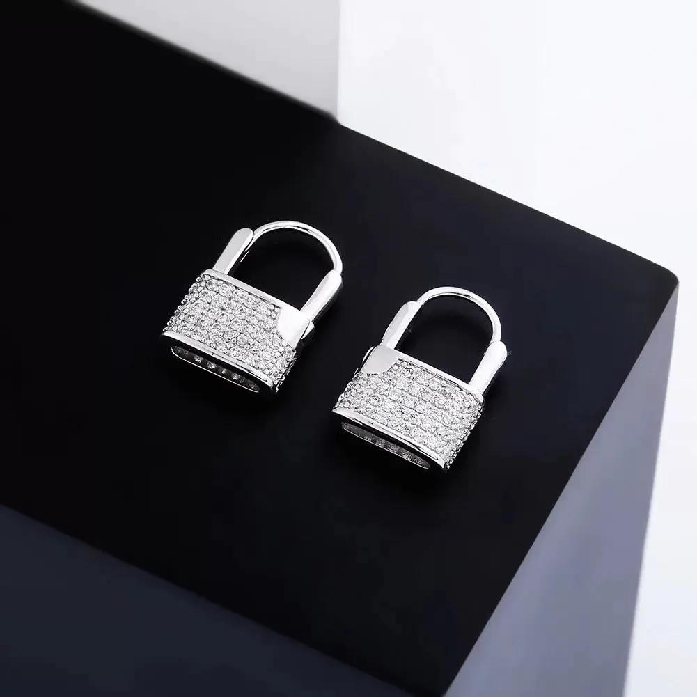 Diamond Lock Earrings in White Gold