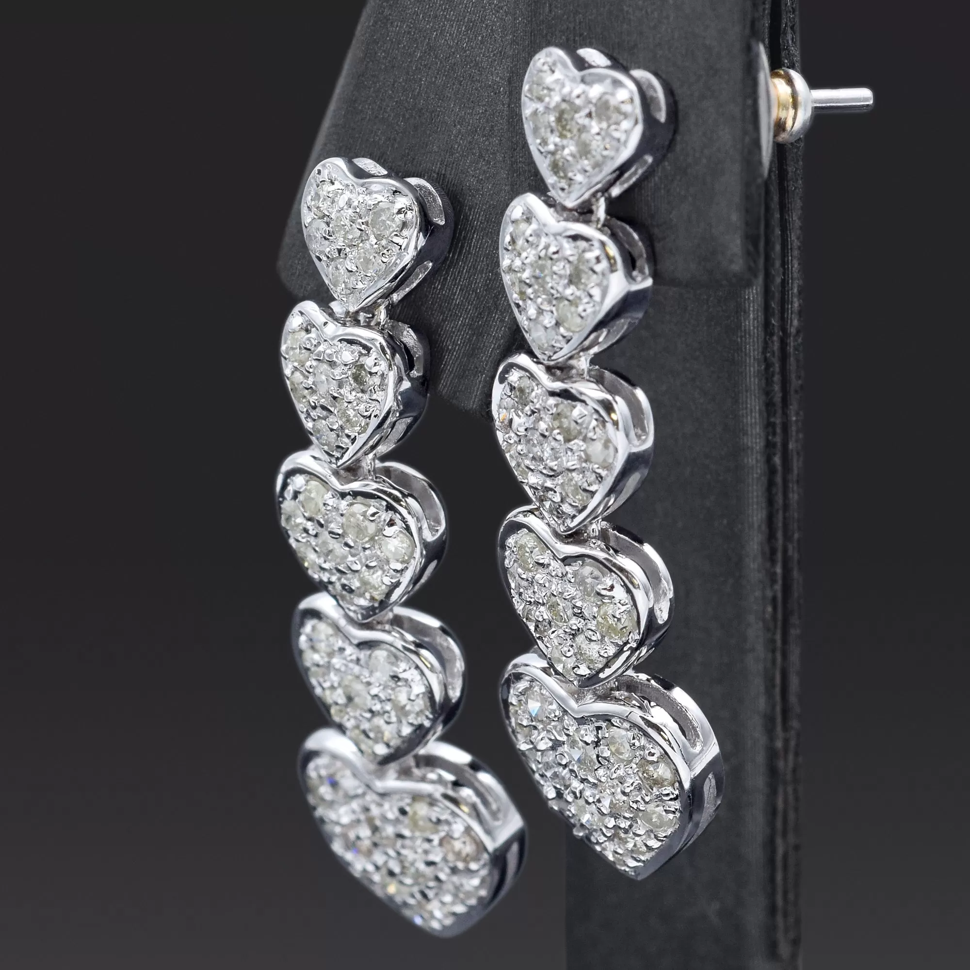 Estate 18K White Gold 1.30 TCW Diamond Heart Drop Earrings