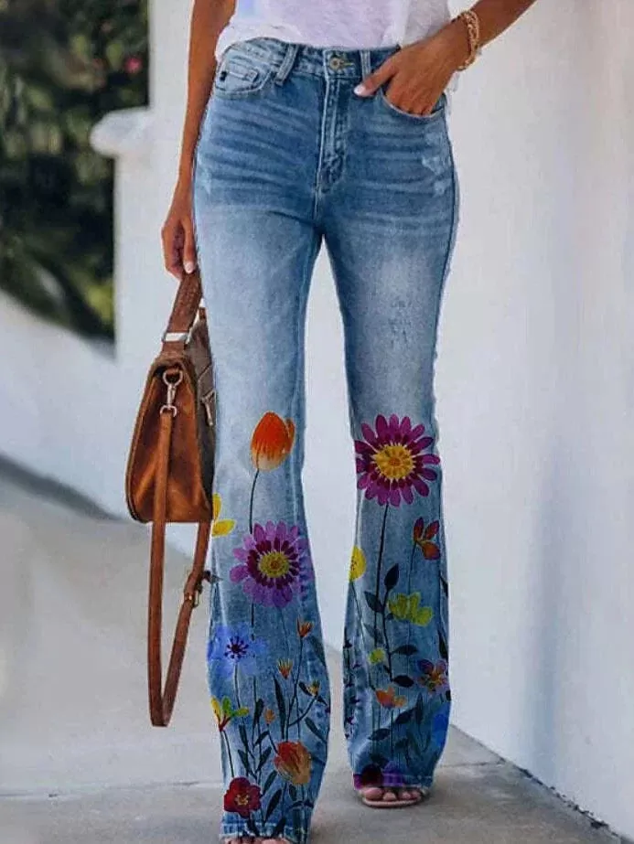 Floral Print Bootcut Flared Pants for Women - Elastic Grey XXL