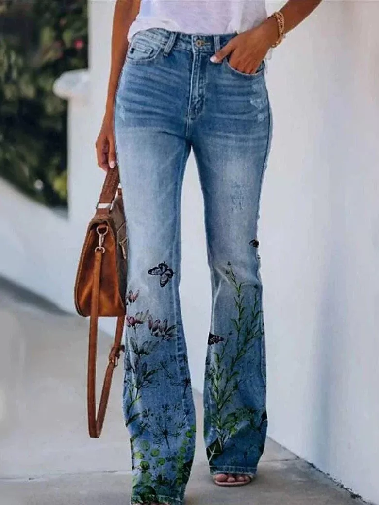 Floral Print Bootcut Flared Pants for Women - Elastic Grey XXL