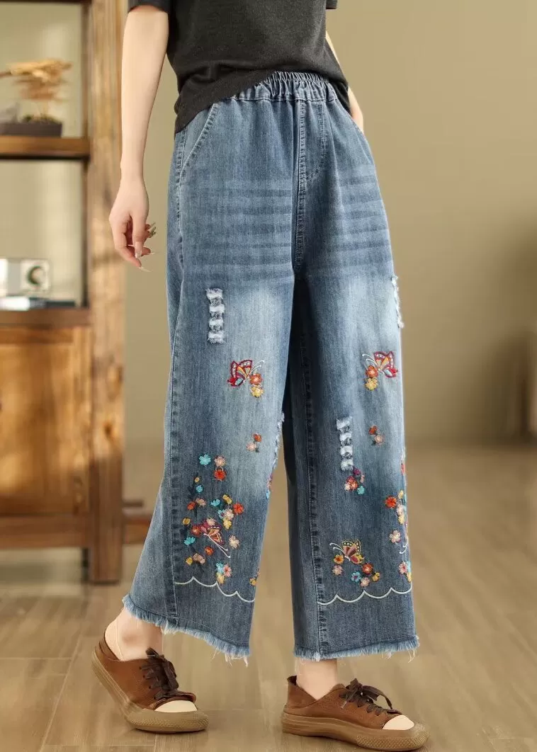 French Blue Embroidered Elastic Waist Denim Crop Pants Summer QA1095