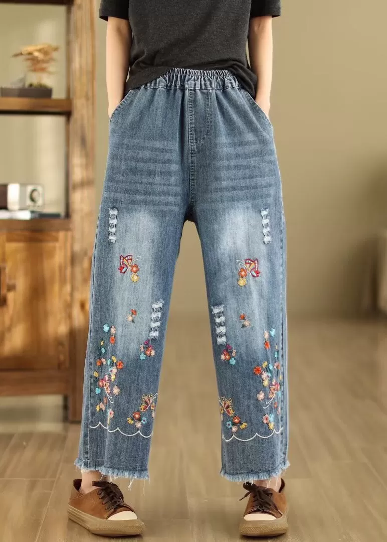 French Blue Embroidered Elastic Waist Denim Crop Pants Summer QA1095