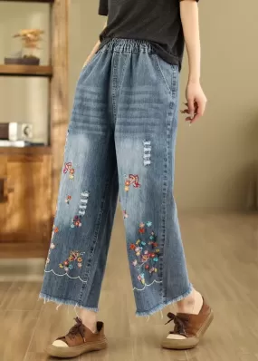 French Blue Embroidered Elastic Waist Denim Crop Pants Summer QA1095