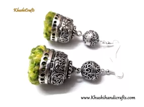 German Silver designer Jhumkas with multicolored Pompom