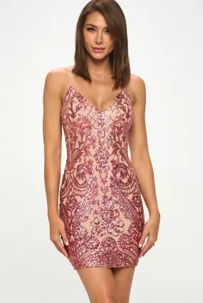 Gianni Fuchsia Sequin Damask Bodycon Mini