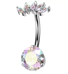 Half Crown Rainbow Aurora CZ Titanium Threadless Belly Button Ring