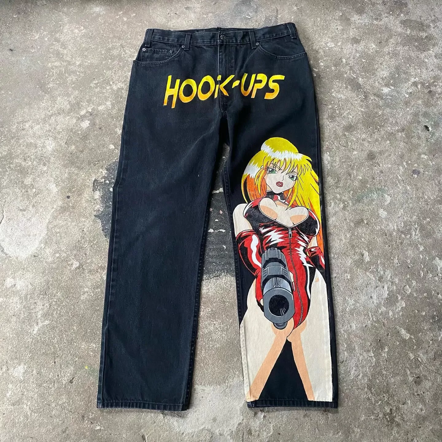 Harajuku Hip Hop Anime Graphic Baggy Jeans Print Jeans Denim Y2k Pants Men Women Gun Girl Goth New High Waist Wide Trousers