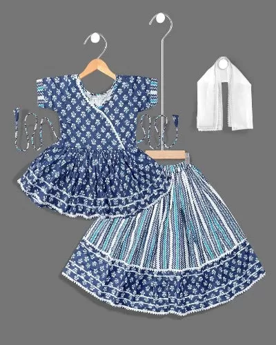 Indigo Blue Kids Soft Cotton Kurta Lehanga Set