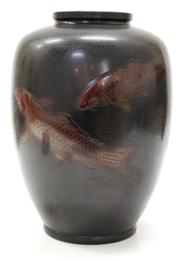 Japanese Art Deco Bronze Vase with Carp Motif