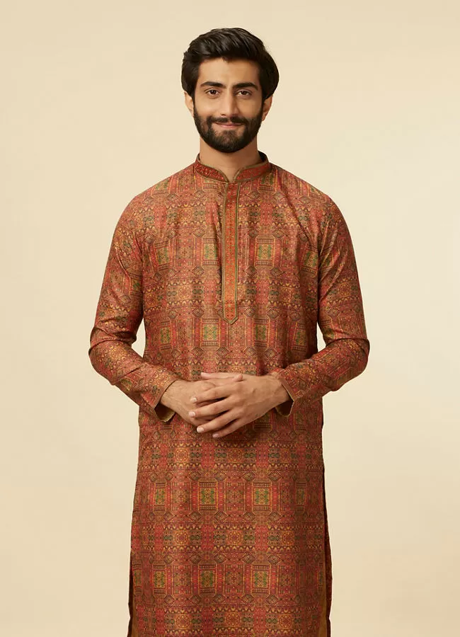 Manyawar Rust Red Multi-coloured Printed Kurta Set