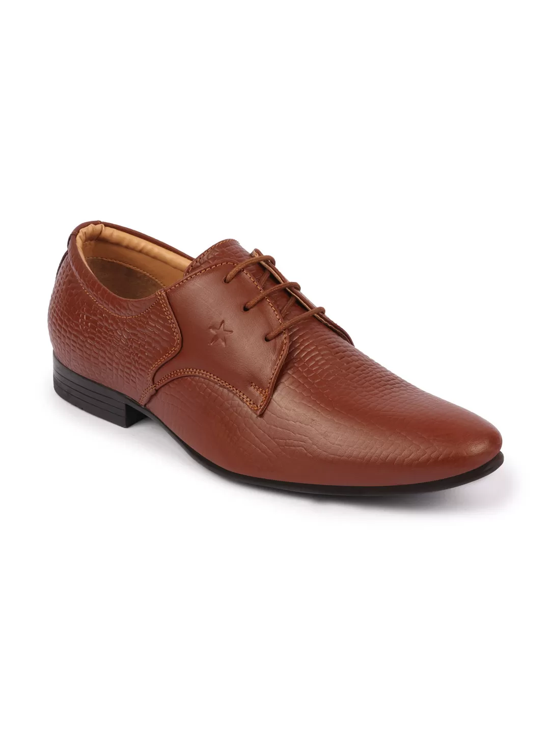 Men Tan Formal Leather Embossed Office Lace Up Shoes