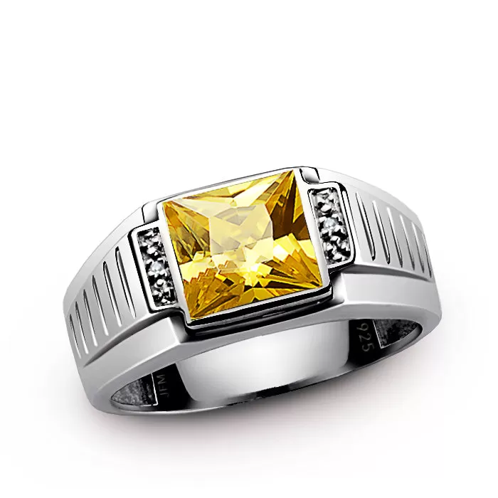 Men's Square Gemstone Ring with Diamond Accents in 925 Silver