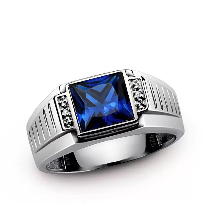 Men's Square Gemstone Ring with Diamond Accents in 925 Silver