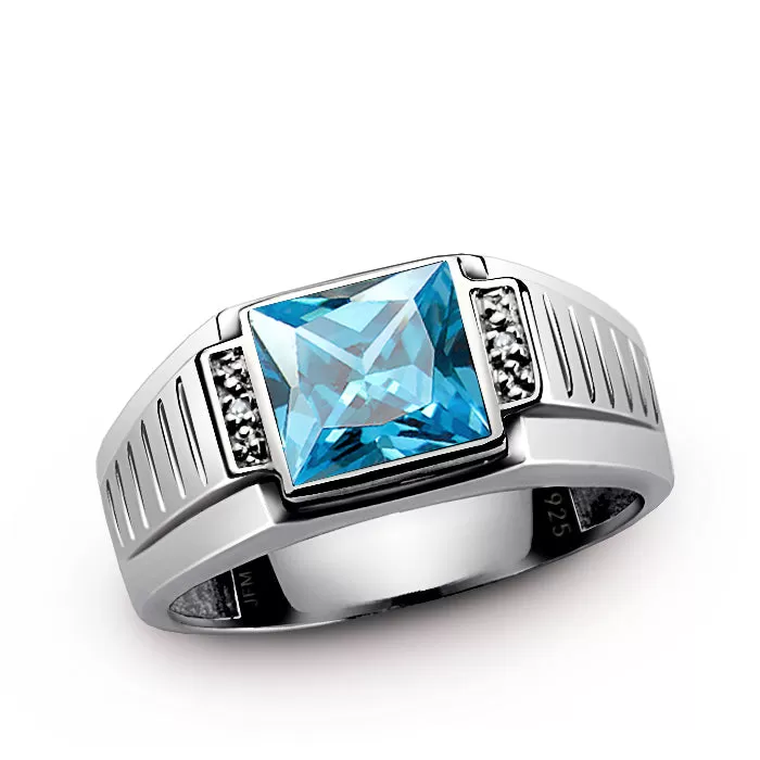 Men's Square Gemstone Ring with Diamond Accents in 925 Silver