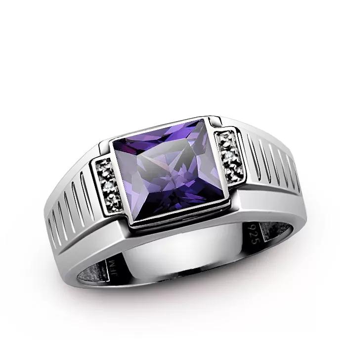 Men's Square Gemstone Ring with Diamond Accents in 925 Silver