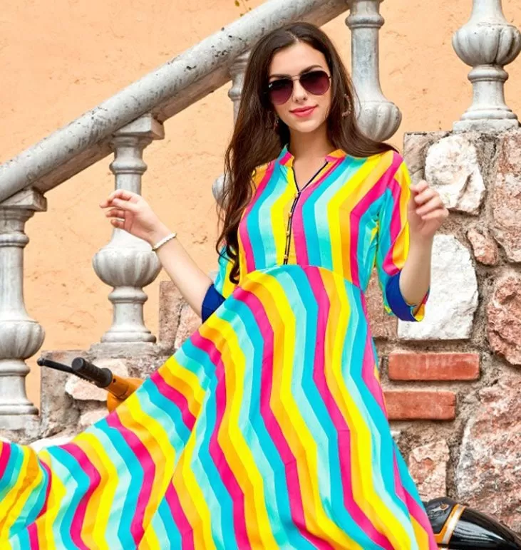 Multi-Colored Slub Rayon Mandarin Collared Long Dress