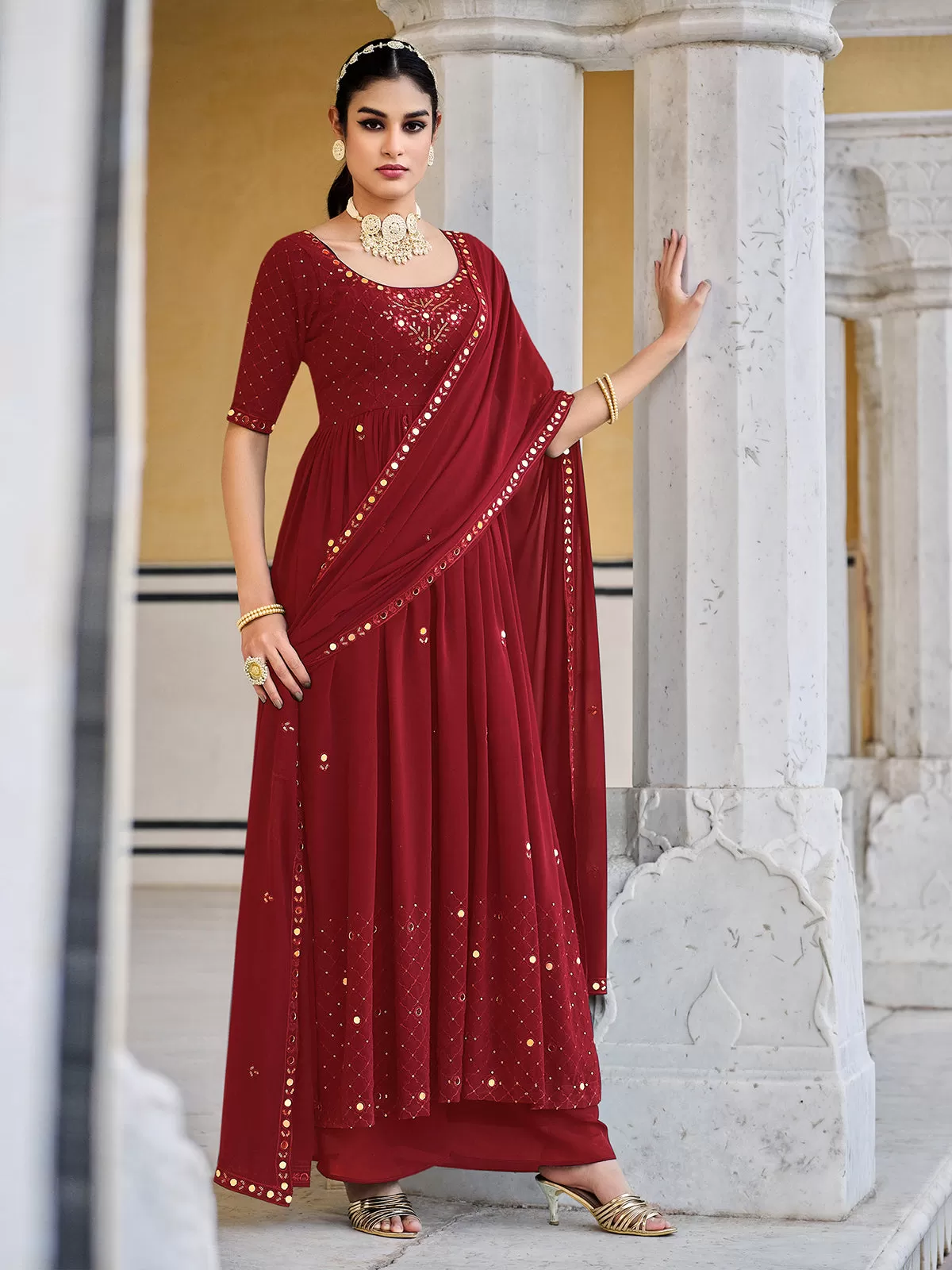 Odette Women Maroon Georgette Embroidered Semi Stitched Salwar Suit